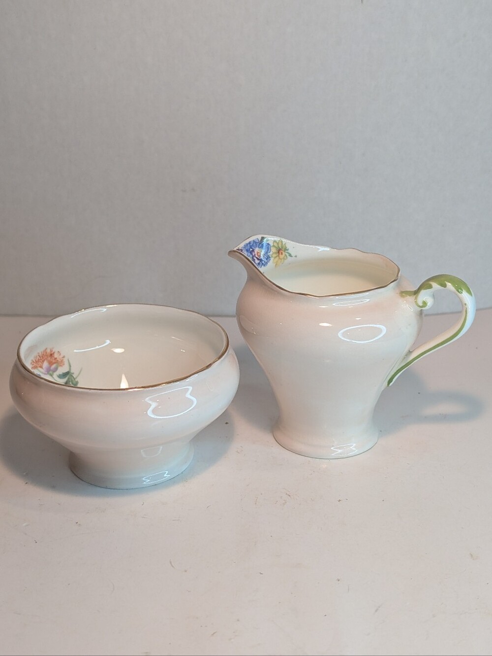 Aynsley England Bone China Sugar And Creamer, Soft Pink. Floral Inside.
